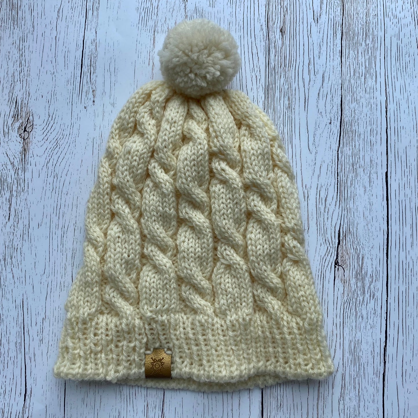 Adult Handknitted Cable Pompom Hat, Ivory, M/L