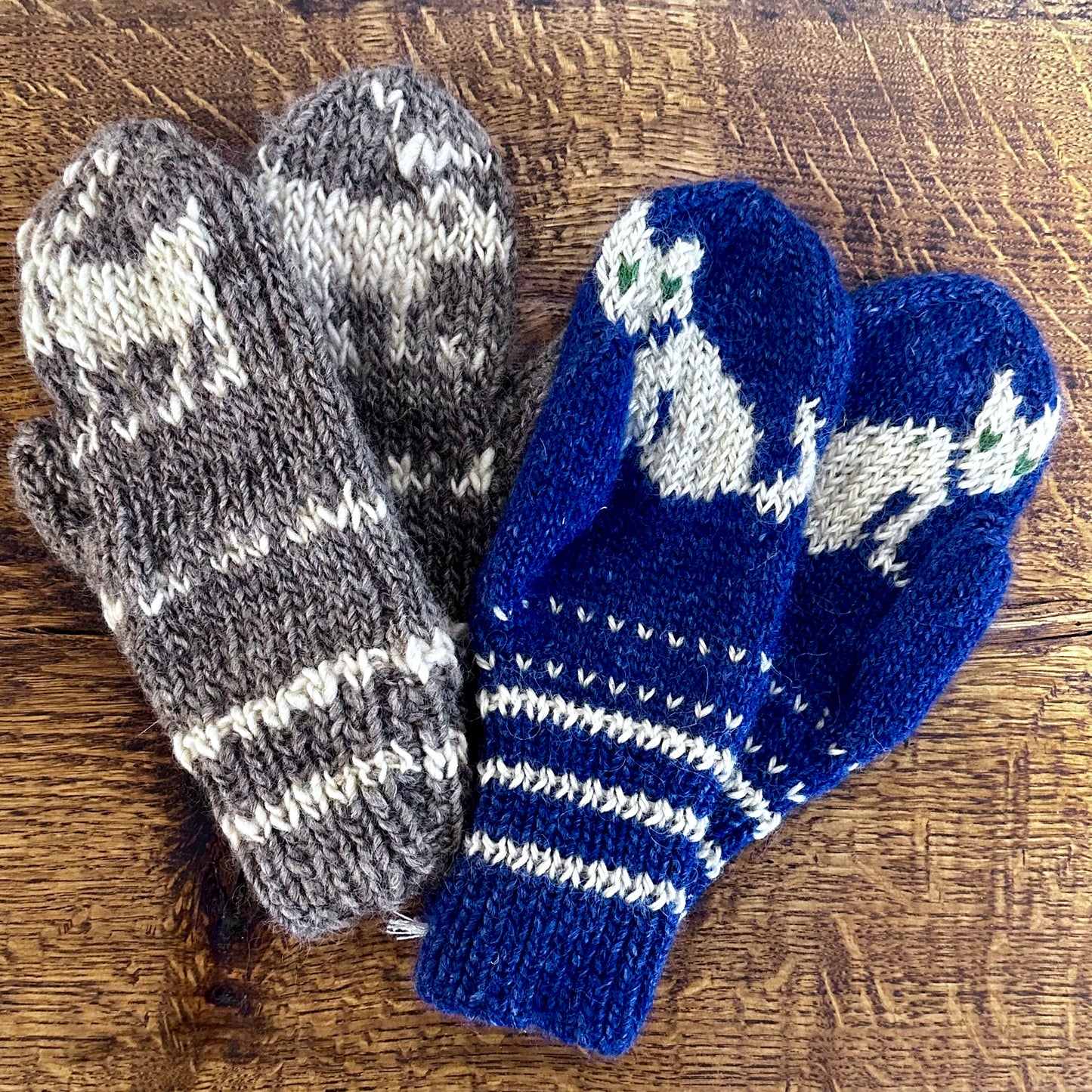 Hand-Knitted Wool Mittens w/Animals