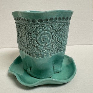 Wavy Planter with Dish, Turquoise