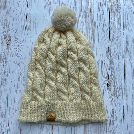 Adult Handknitted Cable Pompom Hat, Ivory, M/L