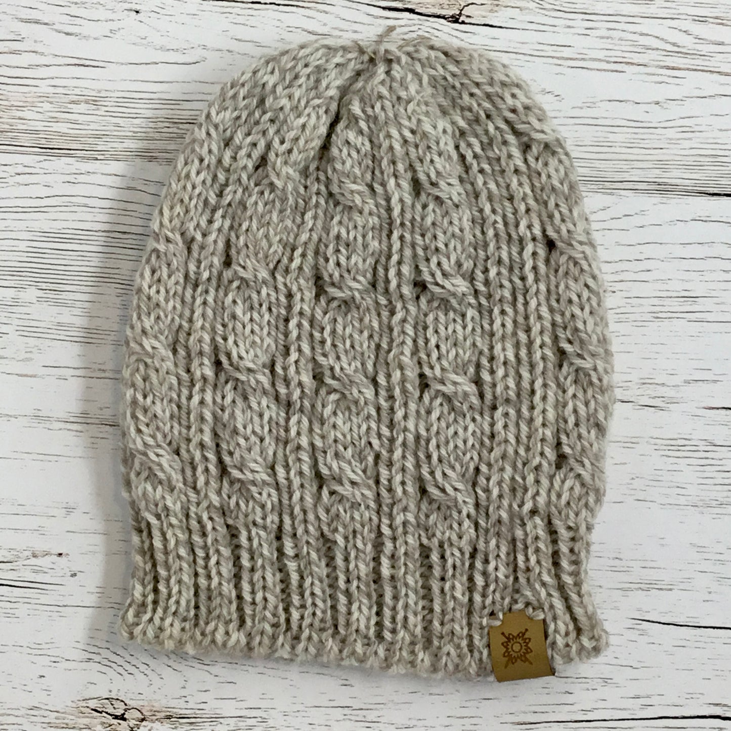 Adult Handknitted Cable Hat, Light Grey/Ivory, Small